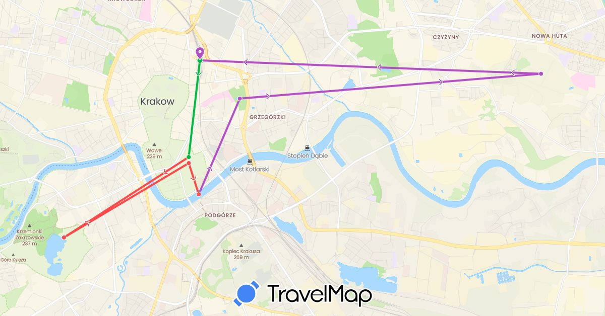 TravelMap itinerary: driving, bus, train, hiking in Poland (Europe)